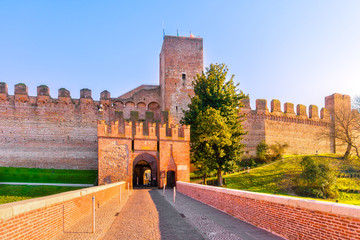 Cittadella city entrance, tower and surrounding walls. Padua, Italy - obrazy, fototapety, plakaty