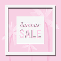 Fototapeta na wymiar Summer sale design with decorative square frame and tropical palms over pink background, colorful design vector illustration