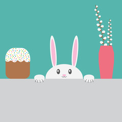 bunny and easter table with cake and willow branch- vector illustration