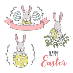 Cute hand-drawn Easter bunnies. Vector clipart of holiday doodles.