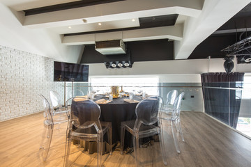 Interior of a new luxury restaurant in the morning