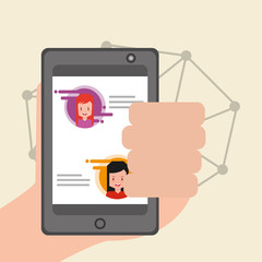 hand holding smartphone chatting people on display connection social media vector illustration