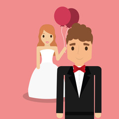 avatar wedding couple with decorative wreath of hearts around over pink background, colorful design. vector illustration