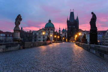 sunrise at Charles bridge in Prague
