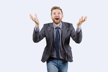 guy smiling looking up, lifting his hand up, insight, side view