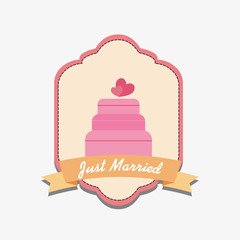 Just married design with wedding cake and decorative frame and ribbon over white background, colorful design. vector illustration
