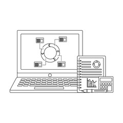 laptop with cycle diagram statistic business chart papers vector illustration outline design