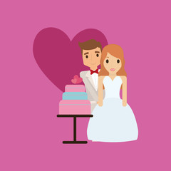 Just married couple and wedding cake over purple background, colorful design vector illustration