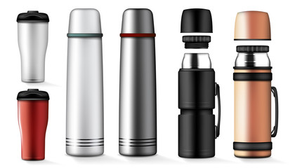 Thermos drink container mockup set. Realistic illustration of thermos mock-up for web