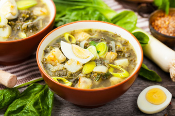 Russian Potato, Spinach, and Sorrel Soup. Selective focus.