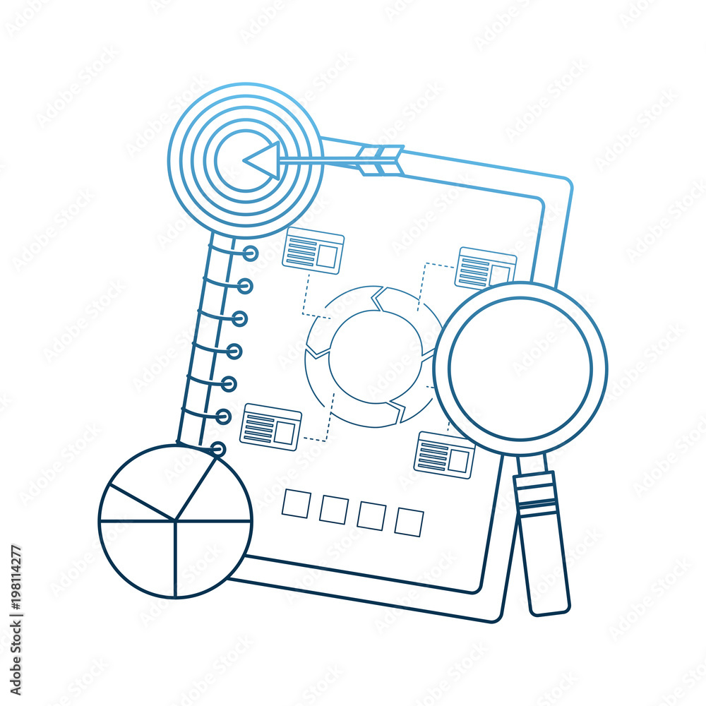 Poster notebook diagram finance business chart target and analysis vector illustration gradient blue color