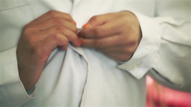 Kid Getting Dressed For School with White Apron. 