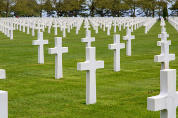 Perfect Rows of White Marble Headstones at The American Cemetery, Normandy, Framce