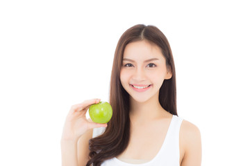 Beautiful young asian woman smile and holding green apple fruit with wellness and healthy isolated on white background.