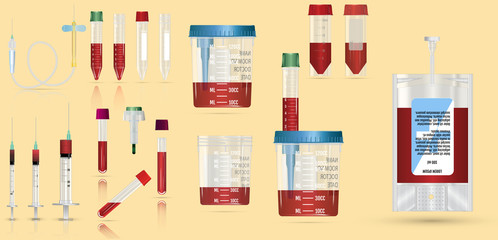 Realistic medical supplies. For blood collection set, for short term, laboratory test-tubes and syringes. Vector illustration on yellow  background. 3d