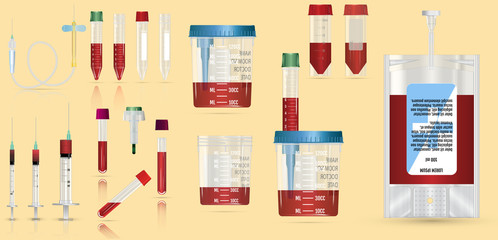 Realistic medical supplies. For blood collection set, for short term, laboratory test-tubes and syringes. Vector illustration on yellow  background. 3d