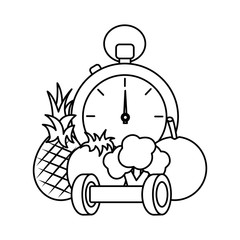 healthy lifestyle sport fresh pineapple tomato broccoli barbell chronometer vector illustration outline design