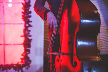 Concert view of a contrabass violoncello player with vocalist and musical during jazz band...