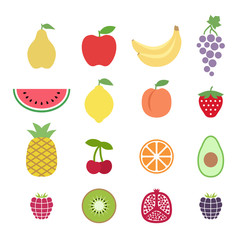 Set of colorful clipart fruits. Fruit icons set. Collection of clip art fruit icons. Pear, apple, watermelon, lemon, banana, strawberry, raspberry, pineapple, kiwi, cherry, peach, pomegranate, avocado