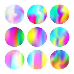 Gradient round set with holographic mesh. Futuristic abstract gradient round set backdrops. 90s, 80s retro style. Pearlescent graphic template for brochure, flyer, poster, wallpaper, mobile screen.