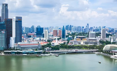 Zelfklevend Fotobehang Beautiful super wide-angle summer aerial view of Singapore, with skyline, bay and scenery beyond the city, seen from the observation deck © tsuguliev
