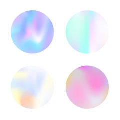 Holographic abstract backgrounds set. Minimal holographic backdrop with gradient mesh. 90s, 80s retro style. Iridescent graphic template for brochure, flyer, poster, wallpaper, mobile screen.
