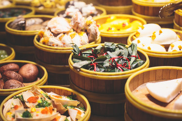 Assortment of different types of asian traditional street food in Shanghai, China