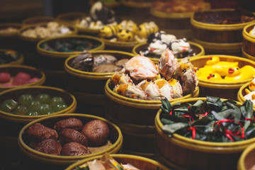 Assortment of different types of asian traditional street food in Shanghai, China