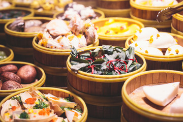 Assortment of different types of asian traditional street food in Shanghai, China