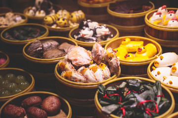 Assortment of different types of asian traditional street food in Shanghai, China