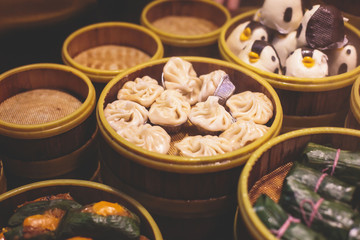 Assortment of different types of asian traditional street food in Shanghai, China