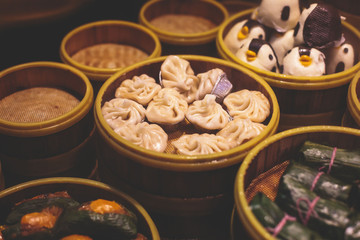 Assortment of different types of asian traditional street food in Shanghai, China