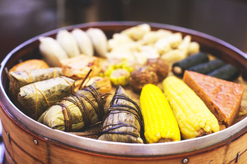 Assortment of different types of asian traditional street food in Shanghai, China