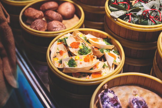 Assortment of different types of asian traditional street food in Shanghai, China