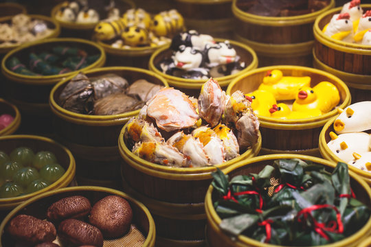 Assortment of different types of asian traditional street food in Shanghai, China