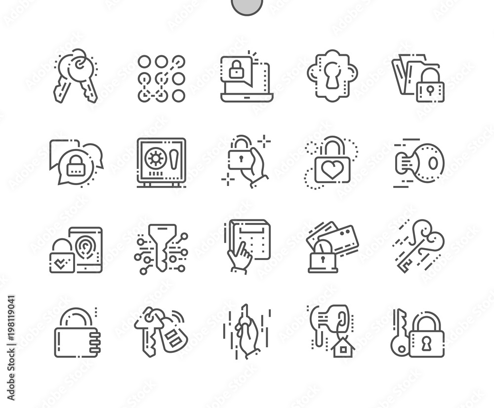 Poster keys and locks well-crafted pixel perfect thin line icons 30 2x grid for web graphics and apps. simp