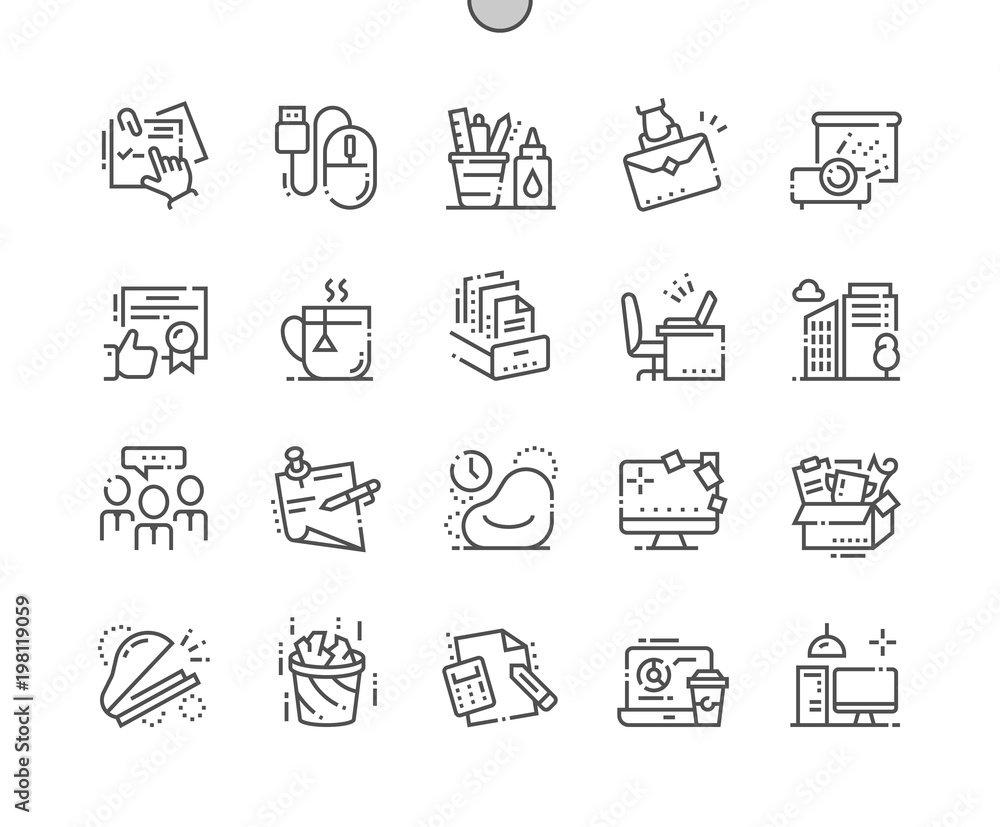 Poster office well-crafted pixel perfect thin line icons 30 2x grid for web graphics and apps. simple minim