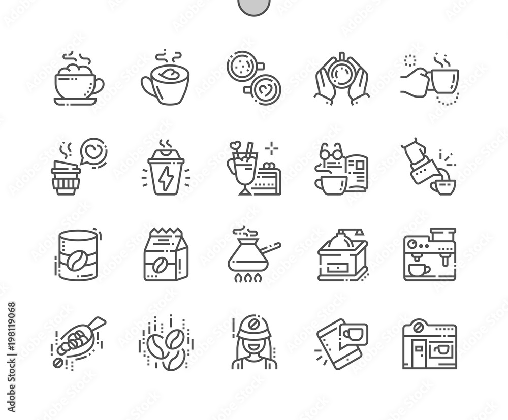 Poster coffee well-crafted pixel perfect vector thin line icons 30 2x grid for web graphics and apps. simpl