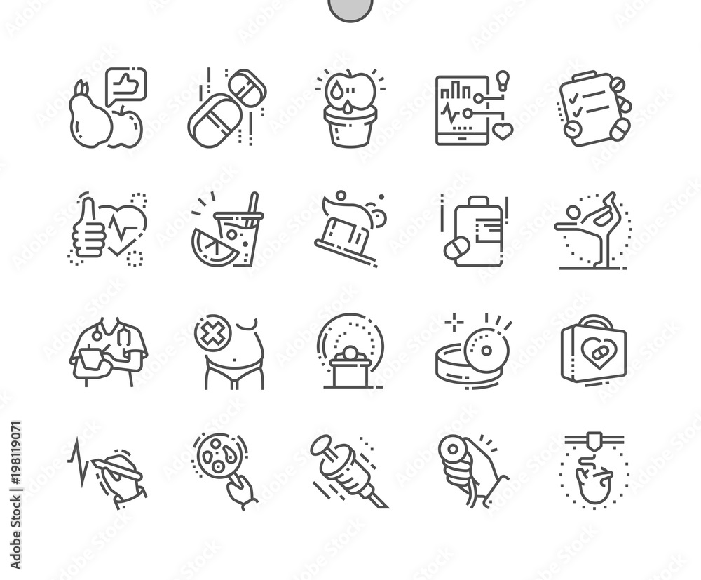 Poster health well-crafted pixel perfect vector thin line icons 30 2x grid for web graphics and apps. simpl