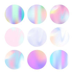 Gradient round set with holographic mesh. Colorful abstract gradient round set backdrops. 90s, 80s retro style. Pearlescent graphic template for brochure, flyer, poster, wallpaper, mobile screen.