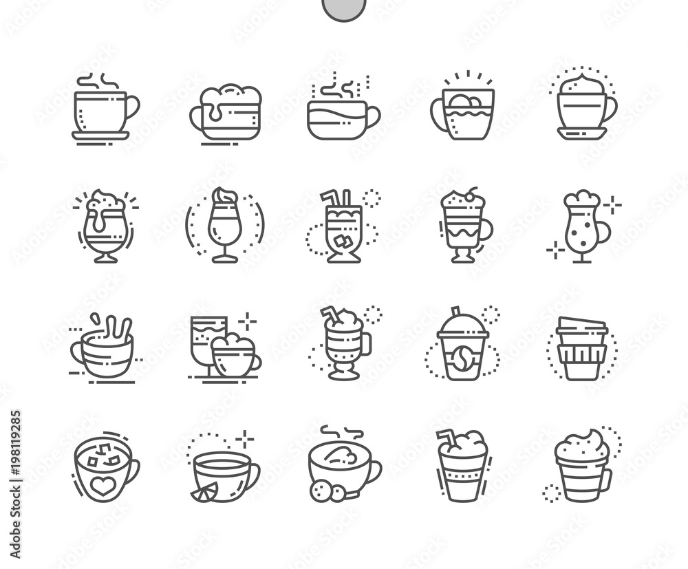 Poster coffee types well-crafted pixel perfect vector thin line icons 30 2x grid for web graphics and apps.