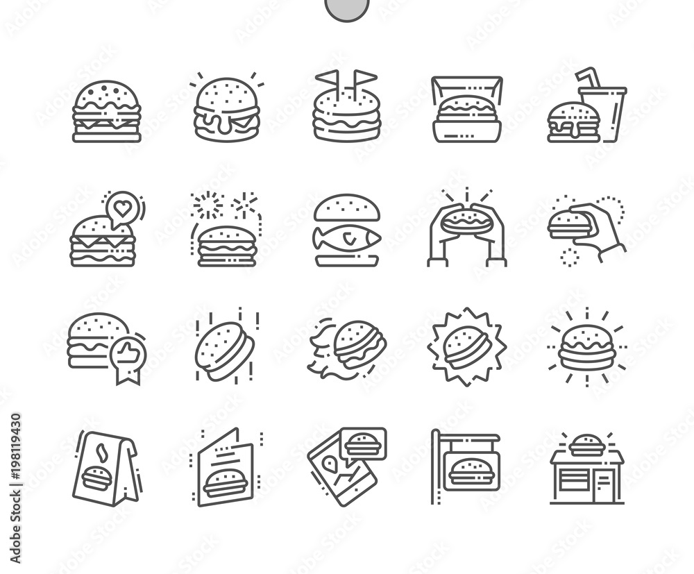Poster burger well-crafted pixel perfect vector thin line icons 30 2x grid for web graphics and apps. simpl