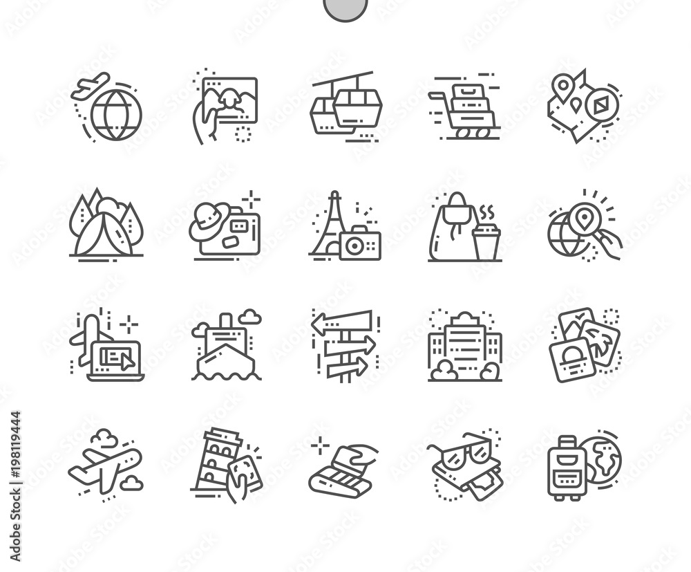 Poster travelling well-crafted pixel perfect vector thin line icons 30 2x grid for web graphics and apps. s