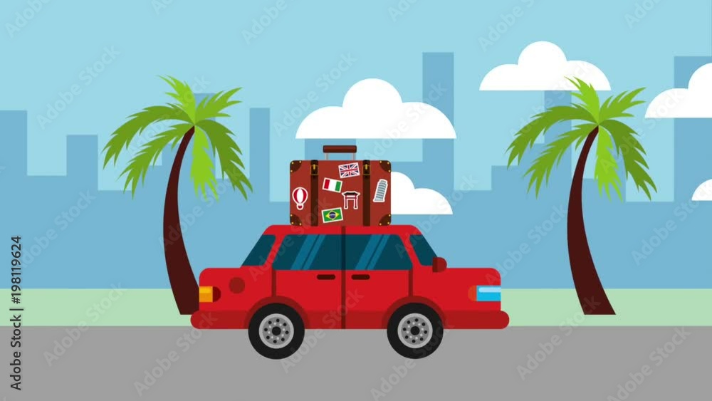 Poster travel summer vacations red car with suitcase traveling street with palm trees in the city animation