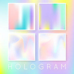 Fototapeta premium Holographic abstract backgrounds set. Minimal holographic backdrop with gradient mesh. 90s, 80s retro style. Iridescent graphic template for banner, flyer, cover, mobile interface, web app.