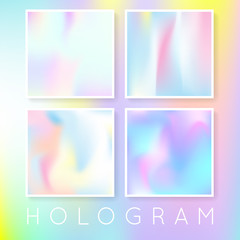 Holographic foil backgrounds set. Colorful gradient backdrop with holographic foil. 90s, 80s retro style. Iridescent graphic template for brochure, flyer, poster, wallpaper, mobile screen.