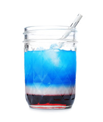 Layered cocktail in colors of American flag on white background