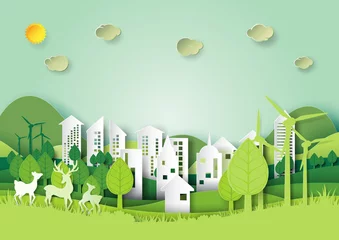 Gordijnen Ecologie en milieubehoud concept. Eco groene stad en stedelijk boslandschap voor groene energie papier kunststijl. Vectorillustratie. © Man As Thep