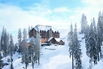 Beautiful ski resort on snowy day. Winter vacation