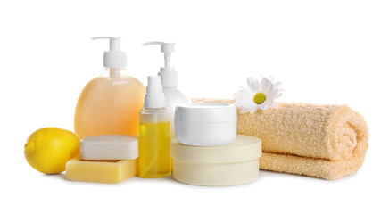 Composition of body care products on white background